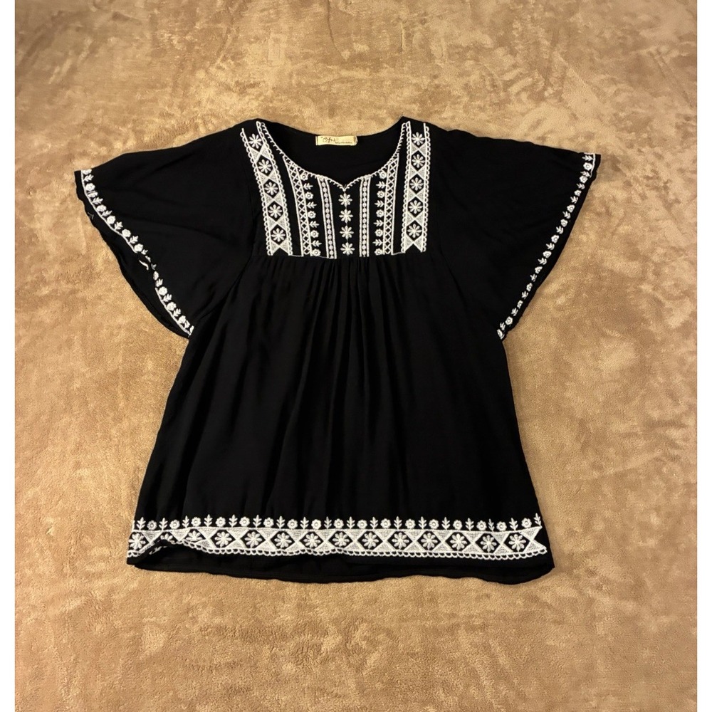 Womens Top Black Embroidered Peasant Blouse Angel Sleeves One Size Cottagecore